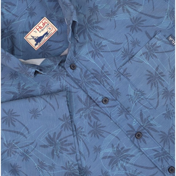 Huk Other - Huk Shirt Mens Small Blue Fish Palm Tree Short Sleeve Button Up Fishing Stretch